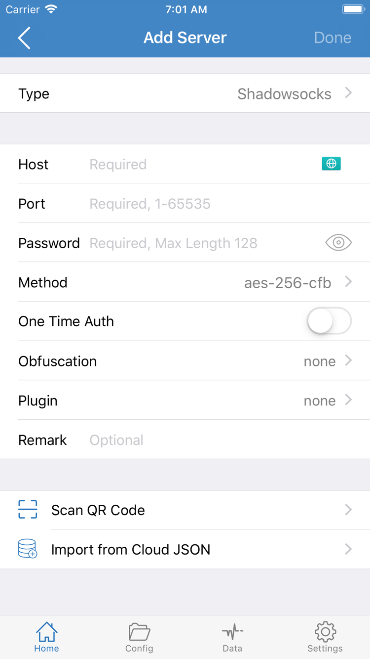 Official Shadowrocket Add Server screenshot showing Type, Host, Port, Password, Method, and import options