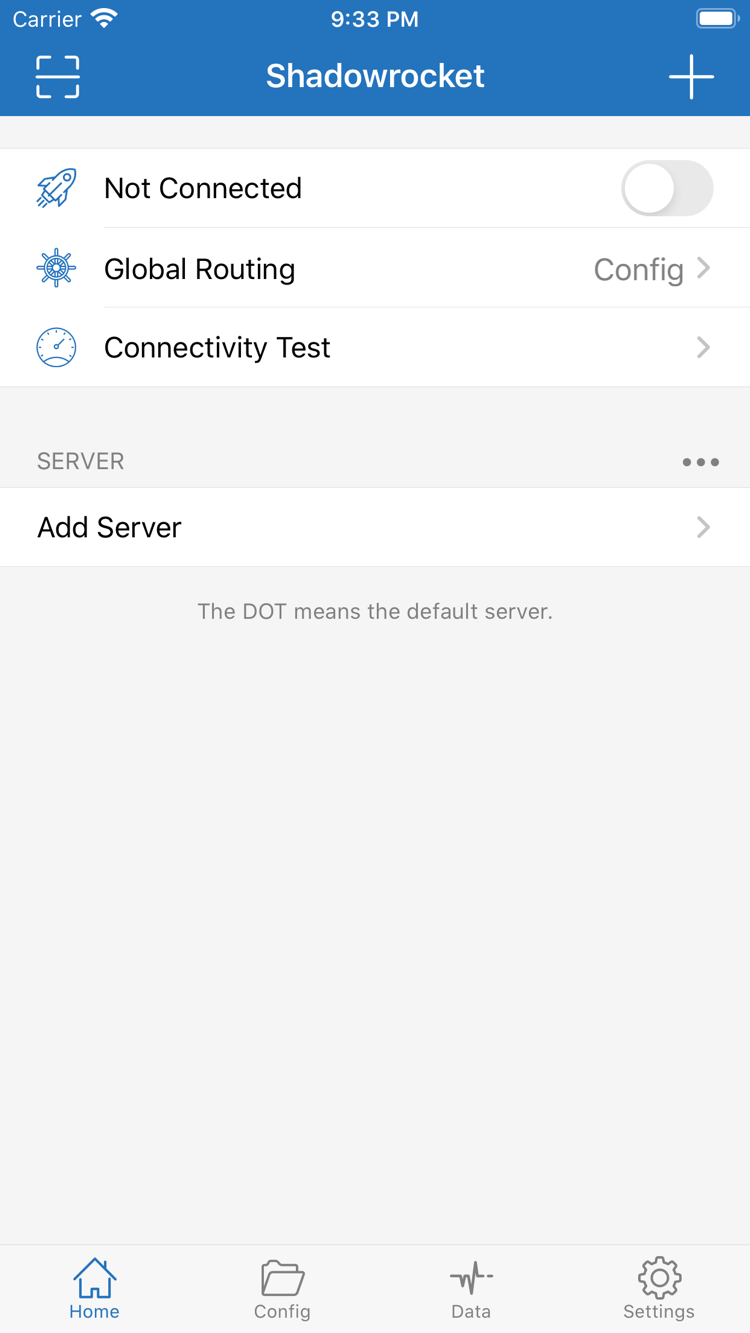 Official Shadowrocket Home screenshot showing the Not Connected switch, Global Routing, Connectivity Test, and SERVER section